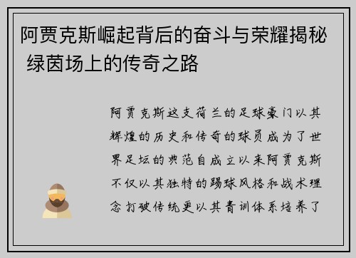 阿贾克斯崛起背后的奋斗与荣耀揭秘 绿茵场上的传奇之路